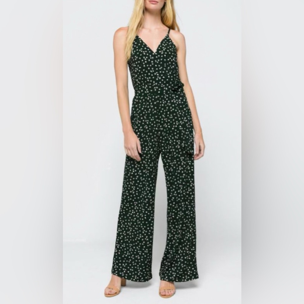 Kaileigh Stitch Fix Dark Green Floral Wide Leg Jumpsuit Pockets XL Petite NWOT